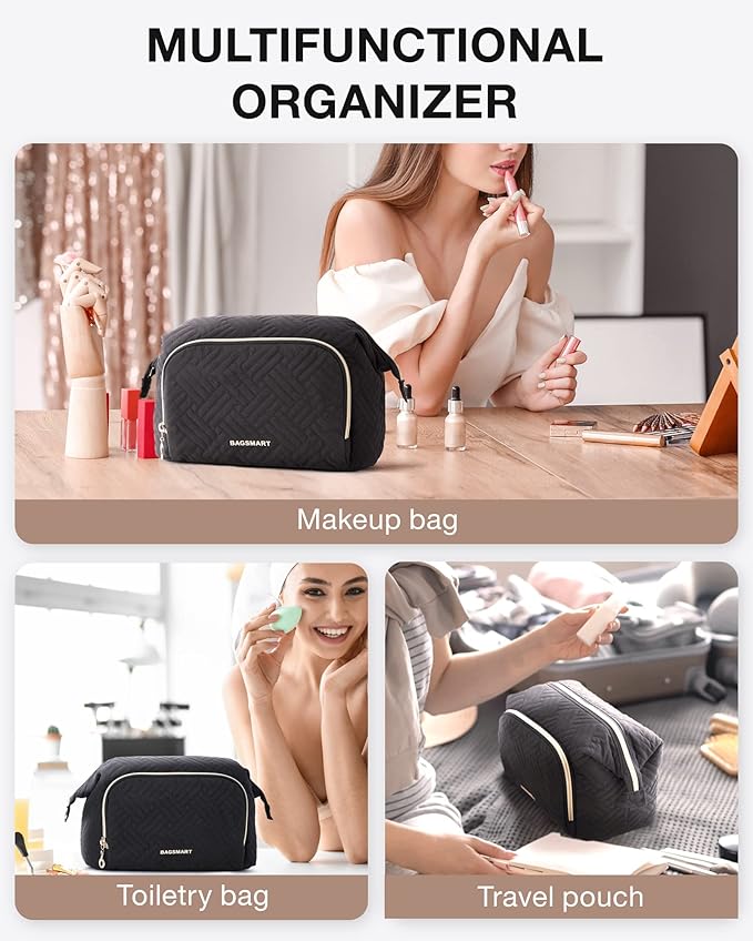 BAGSMART Travel Makeup Bag, Cosmetic Bag Make Up Organizer Case,Large Wide-open Pouch for Women Purse for Toiletries Accessories Brushes Black