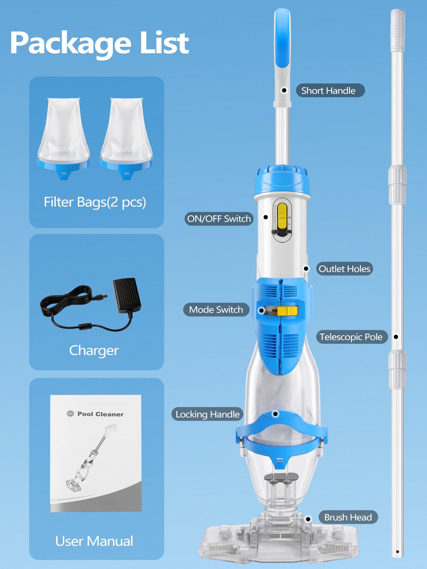 LanOcean 2026 Newly Cordless Pool Vacuum for Inground Pool, Flow Adjustable, Transparent Brush Head–Visible Cleaning, 19 GPM Powerful Suction Handheld Pool Vacuum for Above Ground Pool, 70Mins Runtime