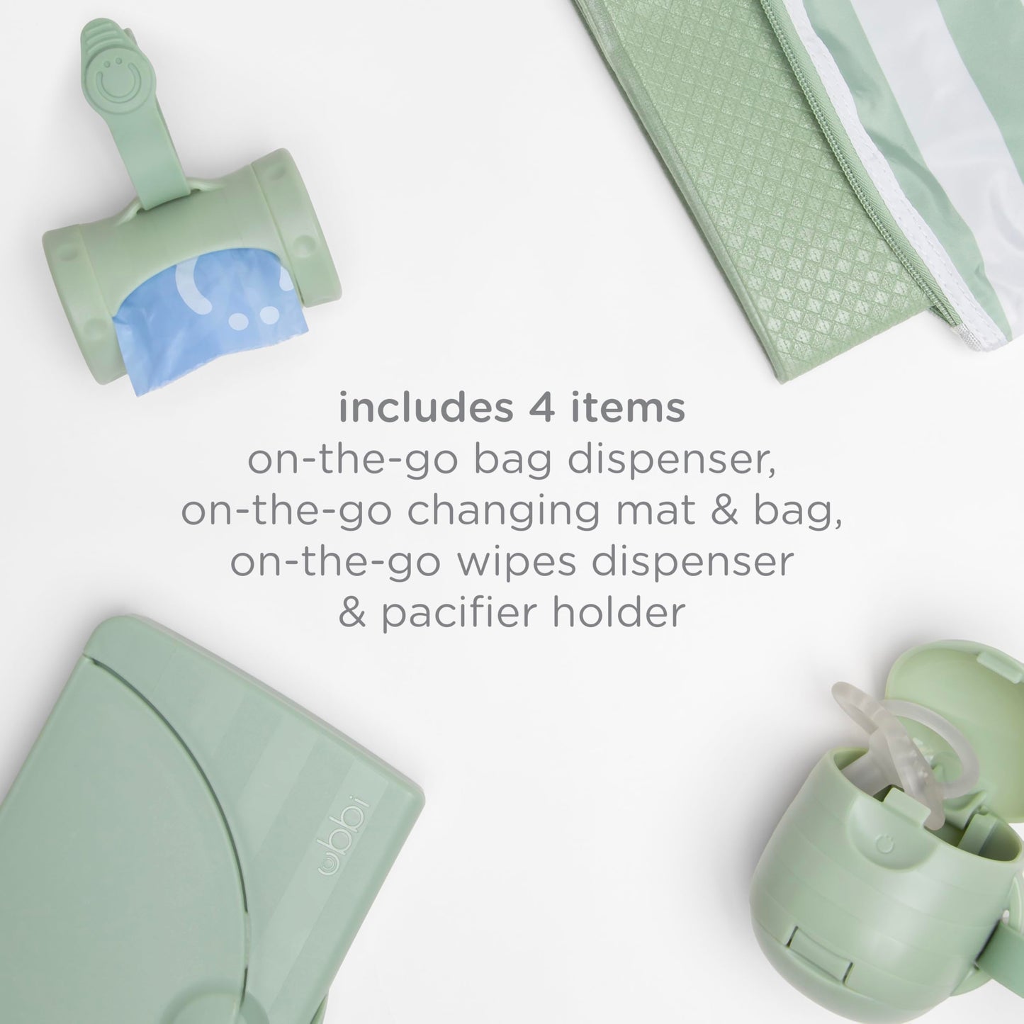 Ubbi On-the-Go Diapering Gift Set, Includes Changing Mat and Bag, Wipes Dispenser, Pacifier Holder and Bag Dispenser, Newborn Essentials, Sage