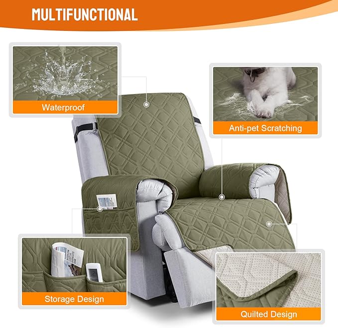 VANSOFY 100% Waterproof Recliner Chair Covers, Recliner Cover Non-Slip Dog Chair Cover Furniture Protector Washable Slipcover with Pocket, Elastic Straps for Pets, Dogs(Olive Green, 25")