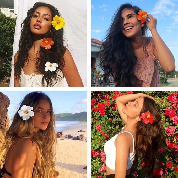 4Pcs Hawaiian Flower Hair Clips for Women,Plumeria Hibiscus Hair Clips Rose Hair Barrettes 3.5 Inch Artificial Flower Clips,Hair Accessories for Vacation Beach Party, Boho Clips for Girls Wedding
