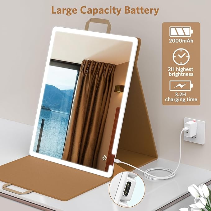 WEILY Large-Sized Makeup Mirror with 72 LED Lights, Touch Screen Three Colors Dimmable Lighted Makeup Mirror, 2000 mAh USB Rechargeable Lighted Vanity Mirror,Compact Travel Mirror (Khaki)