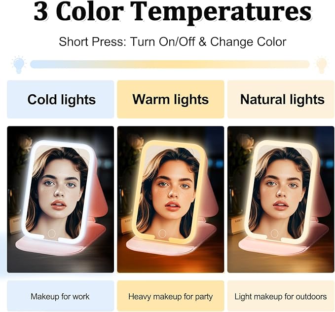 Rechargeable Travel Mirror with Light, LED Makeup Mirror with Lights, Portable Vanity Mirror with 3 Color Lighting, Touch Dimmable Lighted Cosmetic Mirror, Travel Essentials for Women (Pink)