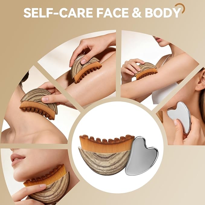 2PCS Lymphatic Contour Face Brush & Stainless Steel Gua Sha Tool Set, for Face and Neck Massage gua sha, Jawline Puffiness, Lifting, Relaxation, Lymphatic Drainage