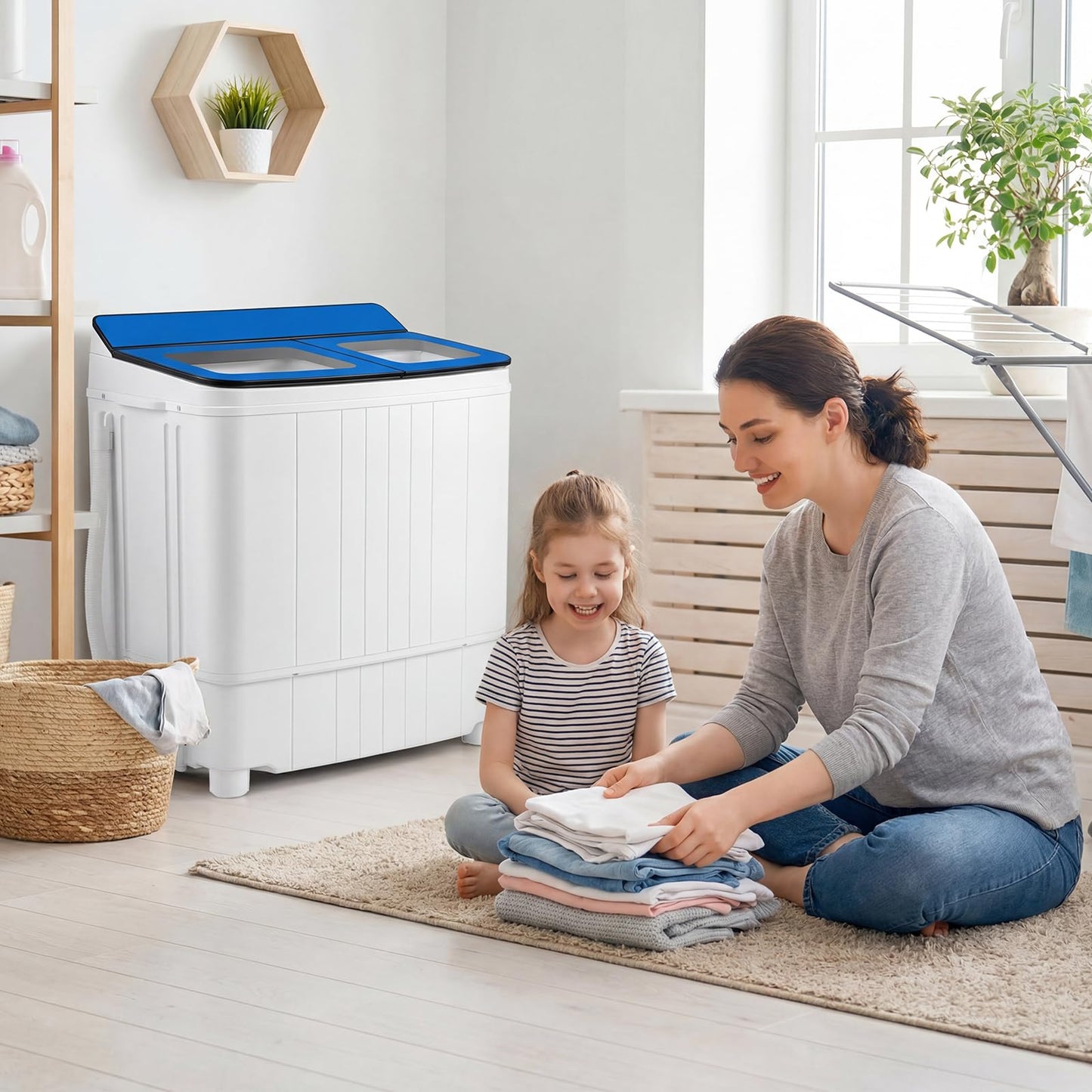 Giantex Portable Washing Machine, 18LBS Twin Tub Mini Compact Laundry Washer Spinner Combo with Drain Pump, 11Lbs Washer and 7Lbs Spinner for Apartments, RVs, Dorms, Blue+White