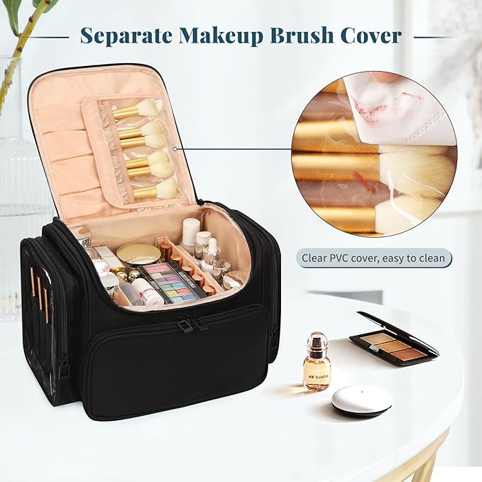 Large Makeup Bag with Jewelry Organizer, Travel Toiletry Bag for Women Girls with Makeup Brush Compartment & Two Side Pockets - XL Black