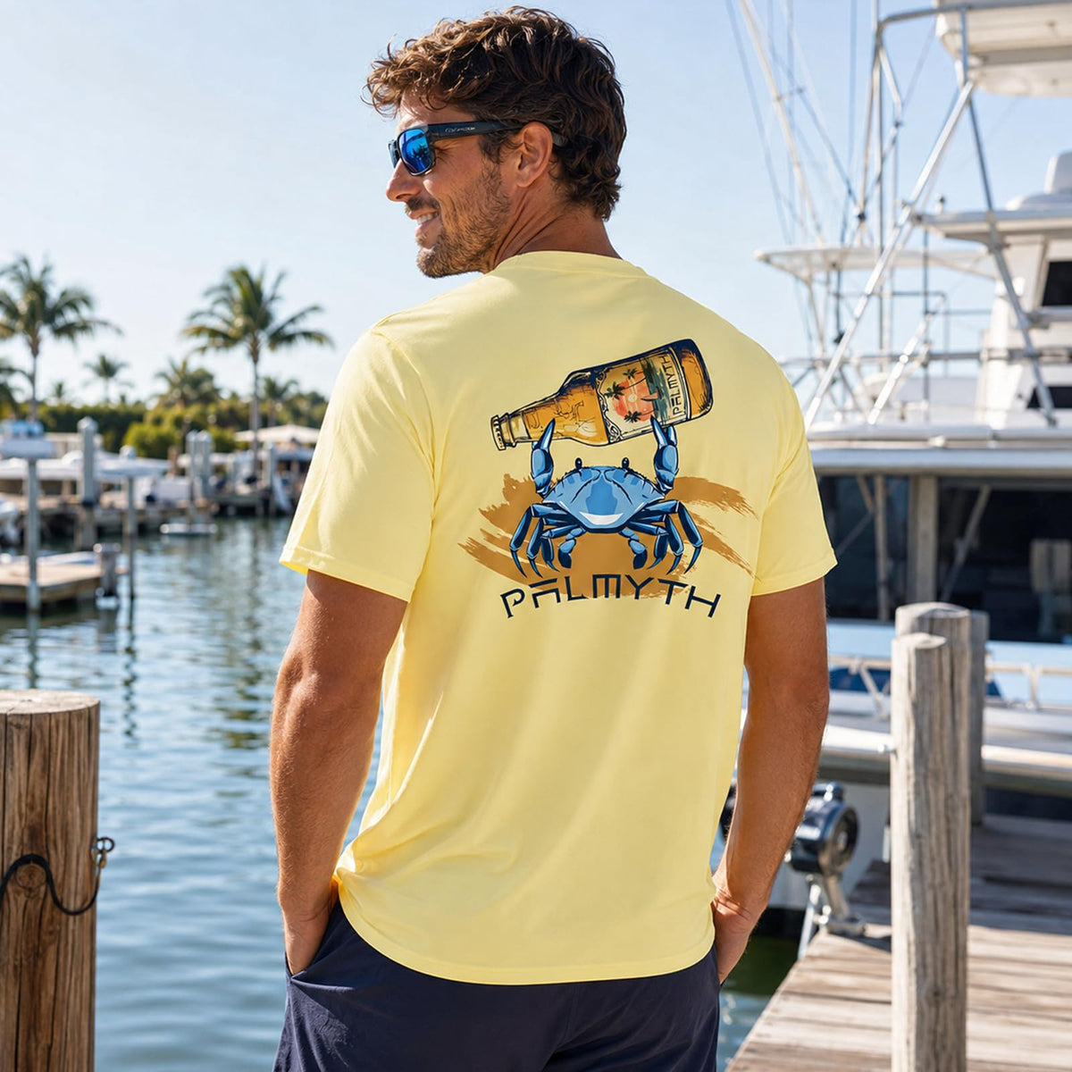Palmyth Men's Fishing Shirt Short Sleeve Sun Protection UV UPF 50+ SPF T-Shirt (Yellow/Crab, XL)