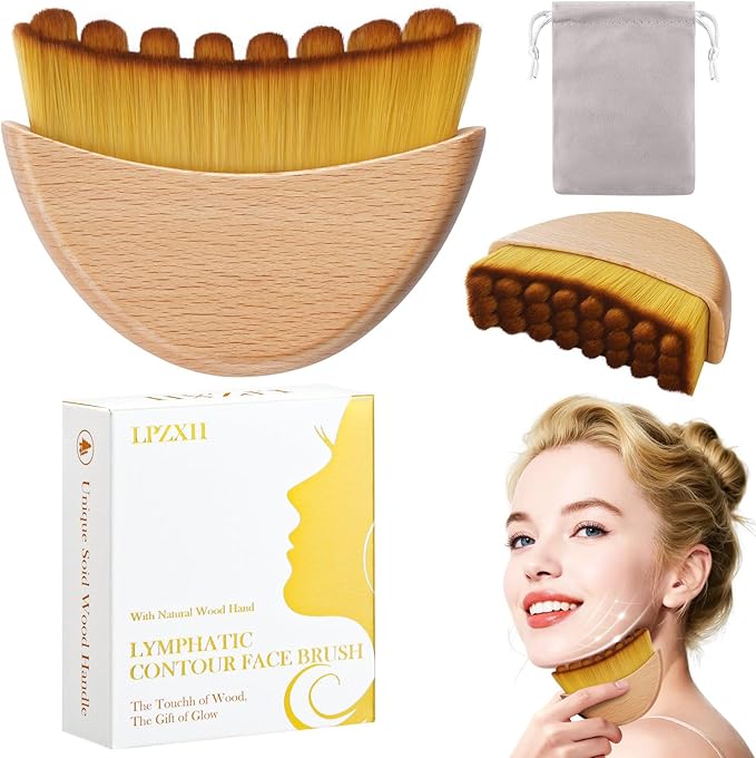 Lymphatic Contour Facial Brush with Natural Wooden Handle, Premium Lymphatic Drainage Massager for Facial Sculpting & Reduce Puffiness, Ergonomic Gua Sha Brush - Suitable for All Skin Types