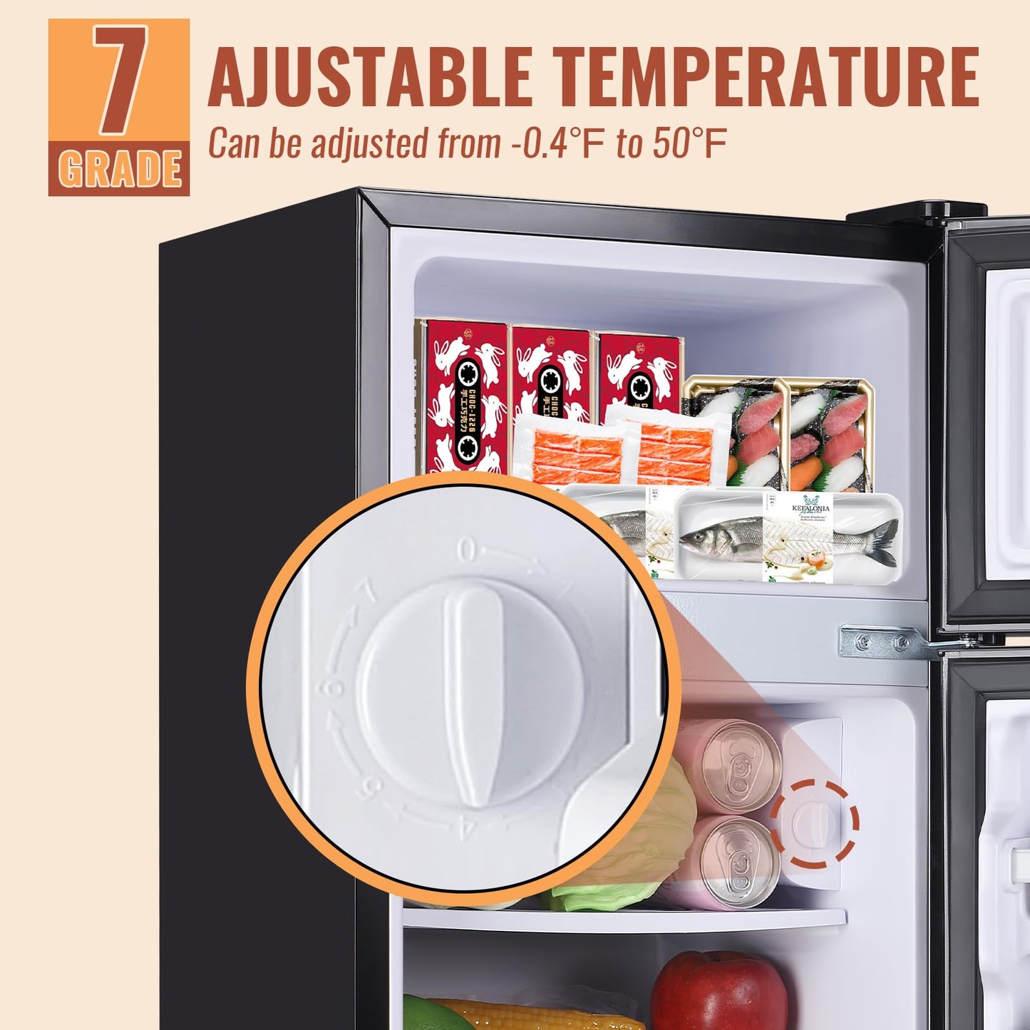 DEMULLER Mini Fridge with Double Doors Small Refrigerator with Separate Freezer & 7 Adjustable Temperature Control, Tiny Size & Personal Fridge Ideal for Office Apartment Dorm Dark Grey