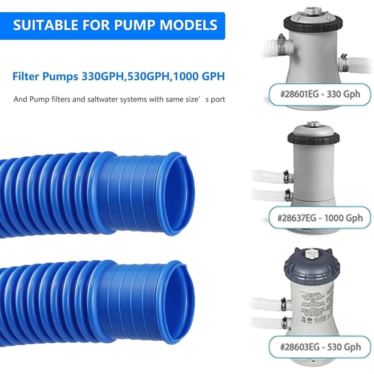 1.25" x 41in Pool Hoses Set for Above Ground Pools – Pool Pump Replacement Hose with Clamps, Compatible with Intex, Coleman, Summer Waves Pool Pumps & Filters (2 PACK White)