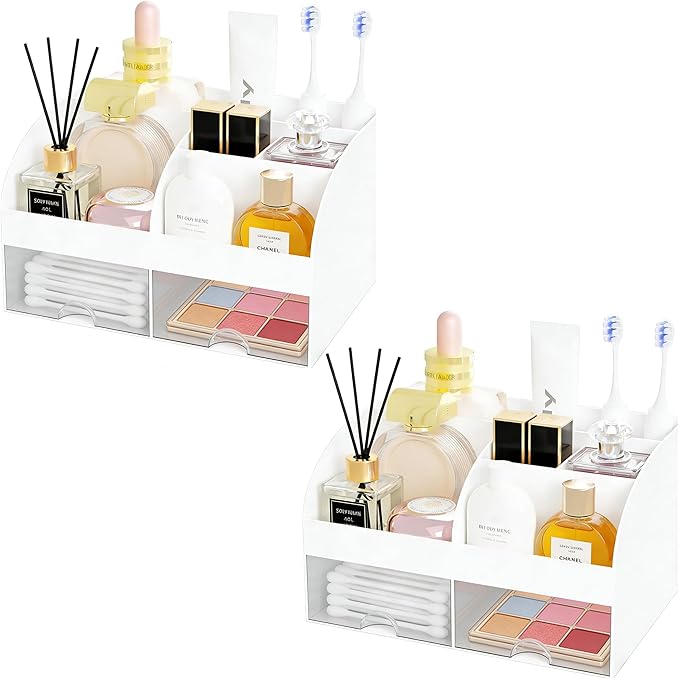 Makeup Organizer with 2 Drawers, Cosmetic Storage for Dresser Vanity and Bathroom Countertop,Make up organization and Skincare Storage with Beauty Brush Holder, Cosmetic Display Case 2Pcs White