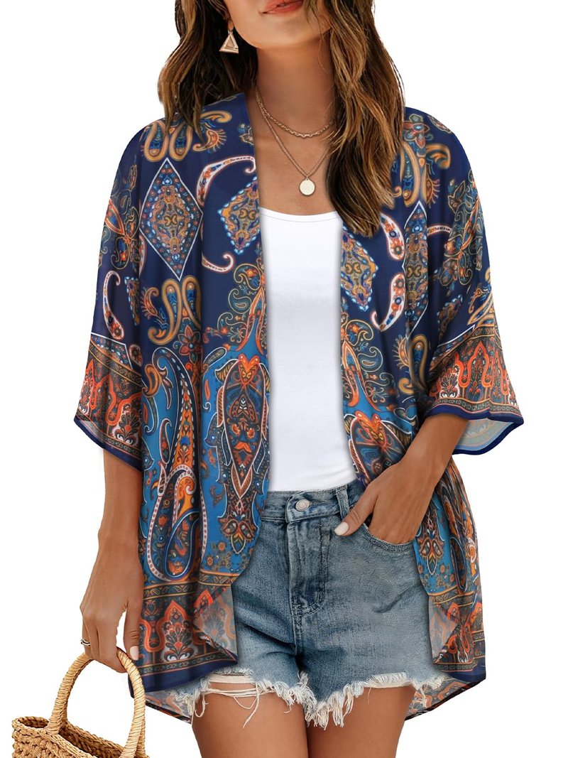 Women's Floral Kimono Print Puff Sleeve Loose Cardigan Cover Up Casual Blouse Tops (Blue Orange Bohemia, M)