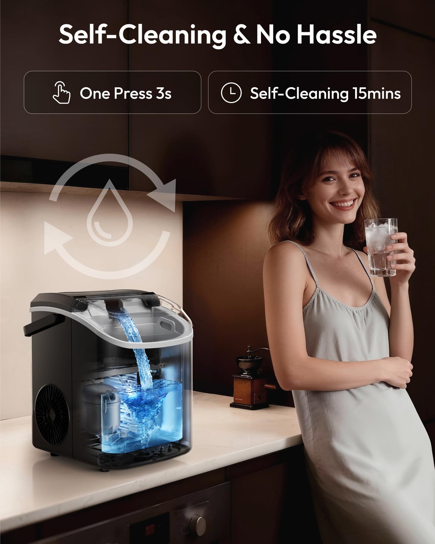 EUHOMY Nugget Ice Maker Countertop with Handle, Ready in 6 Mins, 35lbs Per Day, Removable Top Cover, Auto-Cleaning, Portable Sonic Ice Maker with Basket and Scoop, for Home/Party/RV/Camping