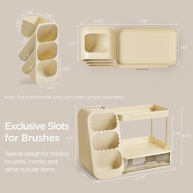 HBlife Bathroom Organizers and Storage with Brush Holder for Vanity, 3 Tier Plastic Makeup Organizer for Dresser Counter, Skincare, Lipstick, Perfume, and Cosmetic Storage, Beige