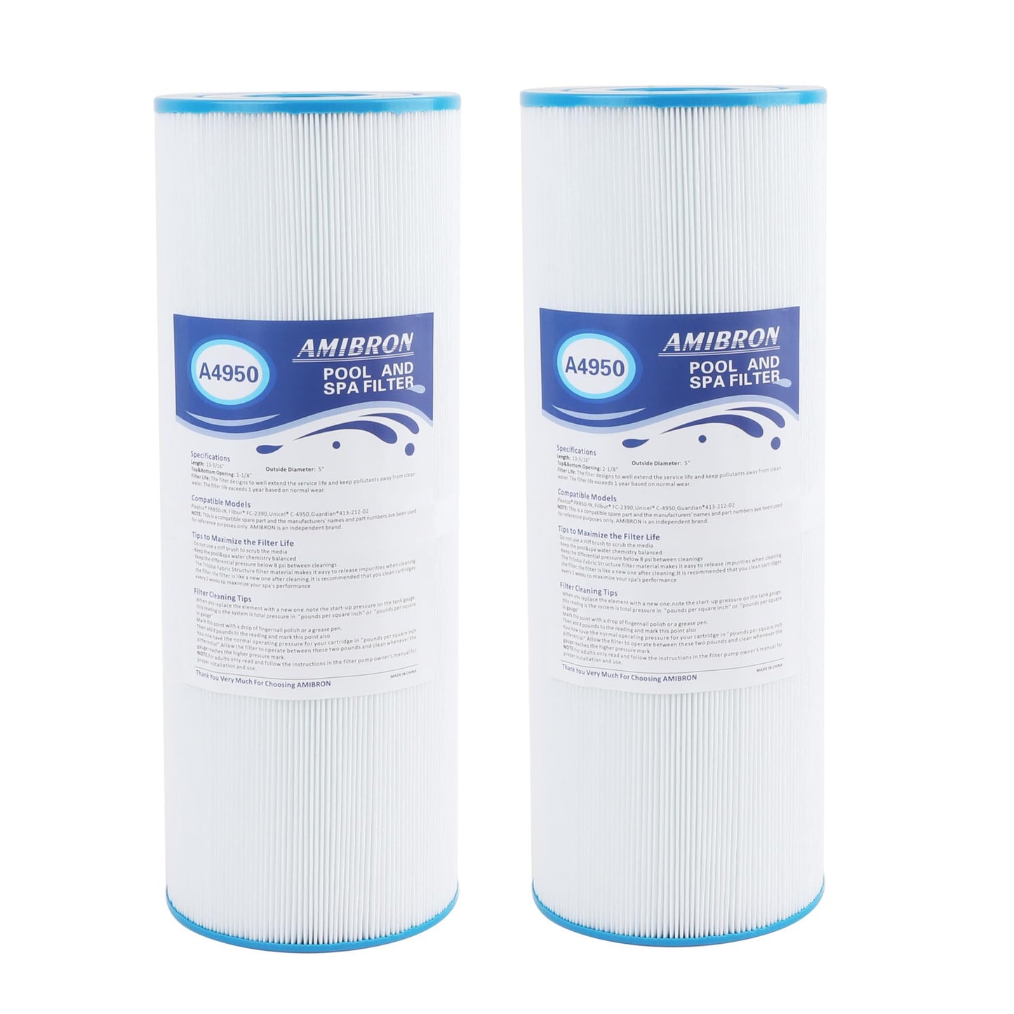 AmiBron C-4950 Spa Filters, Replaces For Pleatco PRB50-IN, Filbur FC-2390, 03FIL1600, 373045, Compatible For Jacuzzi J210/J220/J235/J245/J275, 50 sq.ft 5X13 Drop in Hot Tub filter 2 Pack