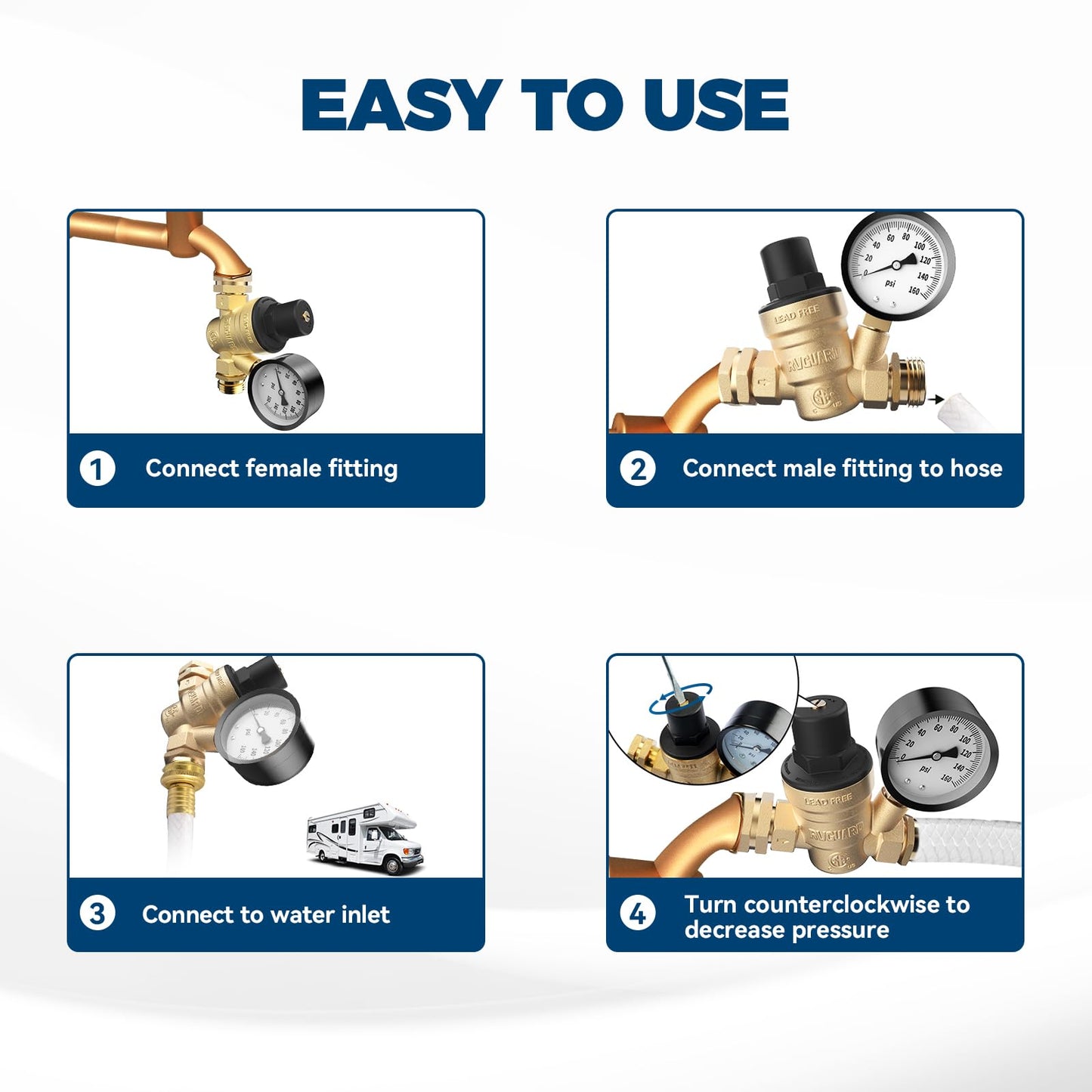 RVGUARD RV Water Pressure Regulator Valve, CSA Approved, Lead-Free Brass Adjustable Water Pressure Reducer with Gauge and Inlet Screen Filter for RV Camper Travel Trailer