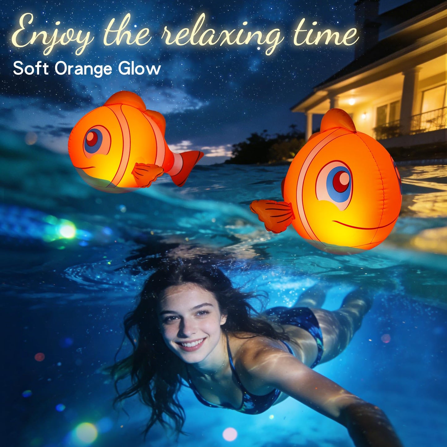 Cootway Floating Pool Lights Solar Powered, 16'' Inflatable Waterproof Clownfish Solar Pool Lights that Float, Auto On/Off LED Floating Lights for Pool Garden Backyard Outdoor Decoration - (2 Piece)