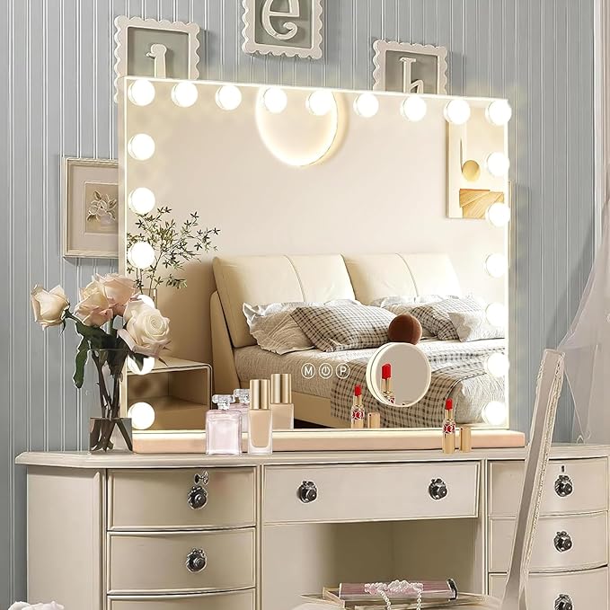 Hollywood Vanity Mirror with Lights, 21 Dimmable Bulbs, 3 Color Lights,Make Up Lighted Mirror, Aluminum Metal Frame, USB Charging Port（40" x 30"）