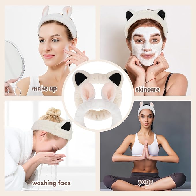 6pcs Ears Spa Headband and Wristband Set, Cute Cat Ears and Bunny Ears Makeup Headbands for Washing Face, Coral Fleece Elastic Head Band for Women Girls
