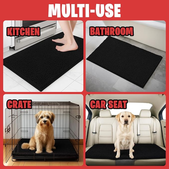 MudGuard Mat™ Dog Door Mat for Muddy Paws, Super Absorbent Microfiber, Non-Slip Indoor Mat, Quick Dry Chenille Mud Mat for Dogs & Entryway, Washable, Black 24" x 60"