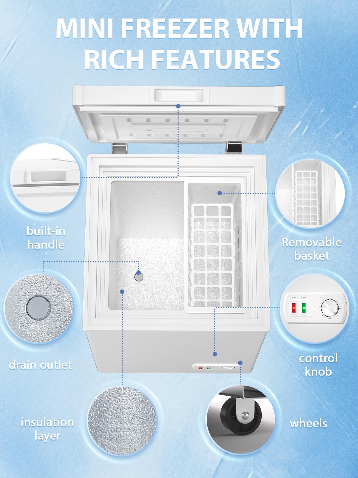 Chest Freezer 4.2 Cu.ft 7 Level Temperature, Deep Freezers with Two Removable Baskets, Freestanding Top Door Open Freezer for Kitchen Garage Home, White