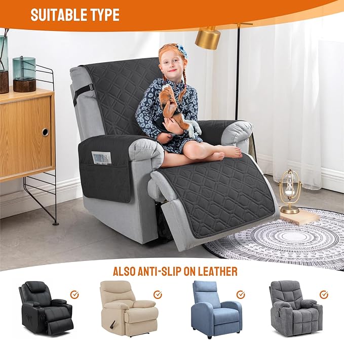VANSOFY 100% Waterproof Recliner Chair Covers, Recliner Cover Non-Slip Dog Chair Cover Furniture Protector Washable Slipcover with Pocket, Elastic Straps for Pets, Dogs(Charcoal Gray, 25")