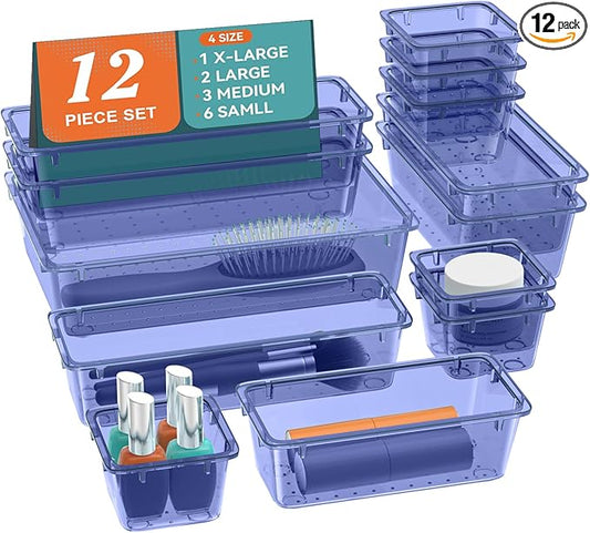 12 PCS Drawer Organizer Set, 4 Sizes Tool Storage Trays, Clear Plastic Makeup Vanity Organizer and Storage Bins for Stationeries, Multiple Gadgets for Office, Bedroom, Navy Blue