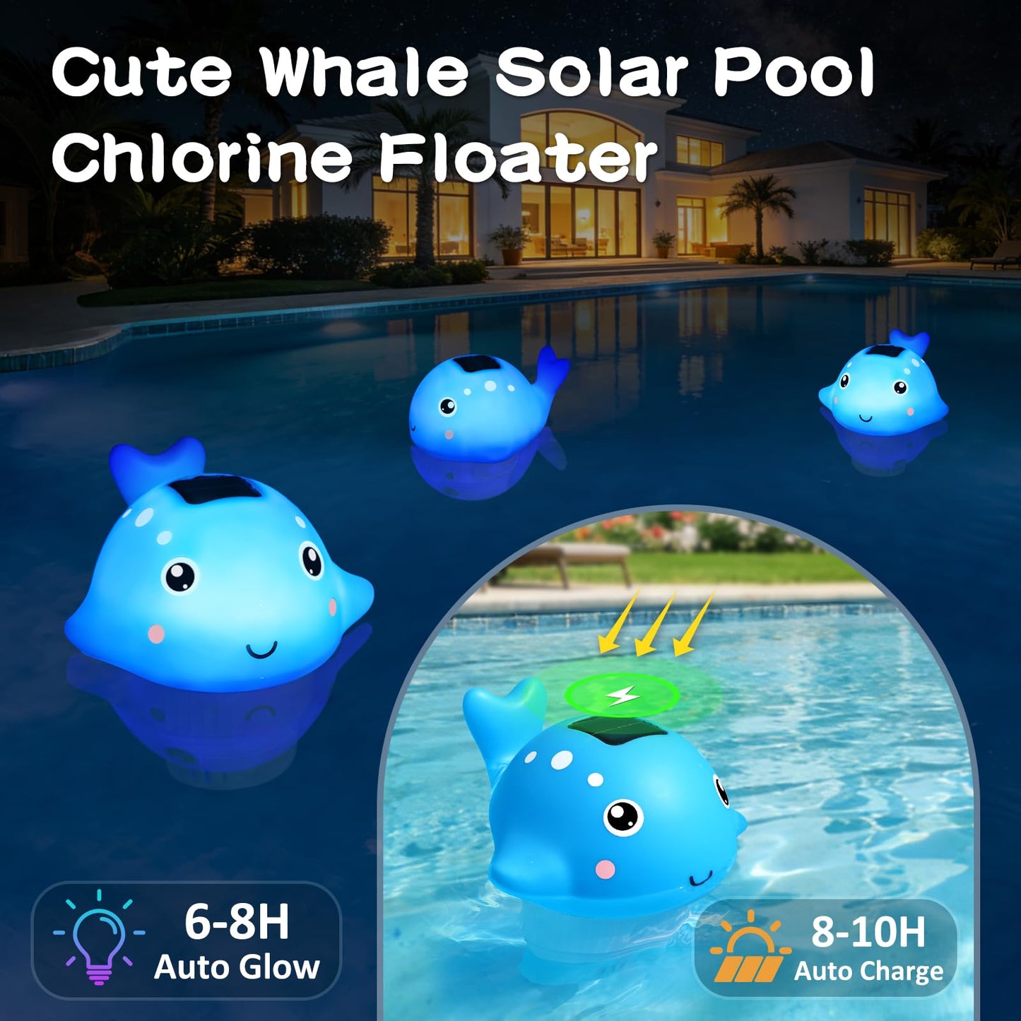 Solar Pool Chlorine Floater, Chlorines Floater with Light, Glow in Dark Chlorines Tablet Floater, Blue, 9 Inch