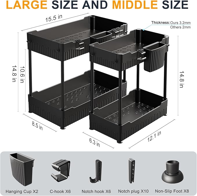 Sevenblue 2 Pack Under Sink Organizer, Under Bathroom Cabinet Organizer with Hooks Hanging Cup, Multi-Purpose Storage Shelf for Kitchen Bathroom (Black, 14.8 Inch)