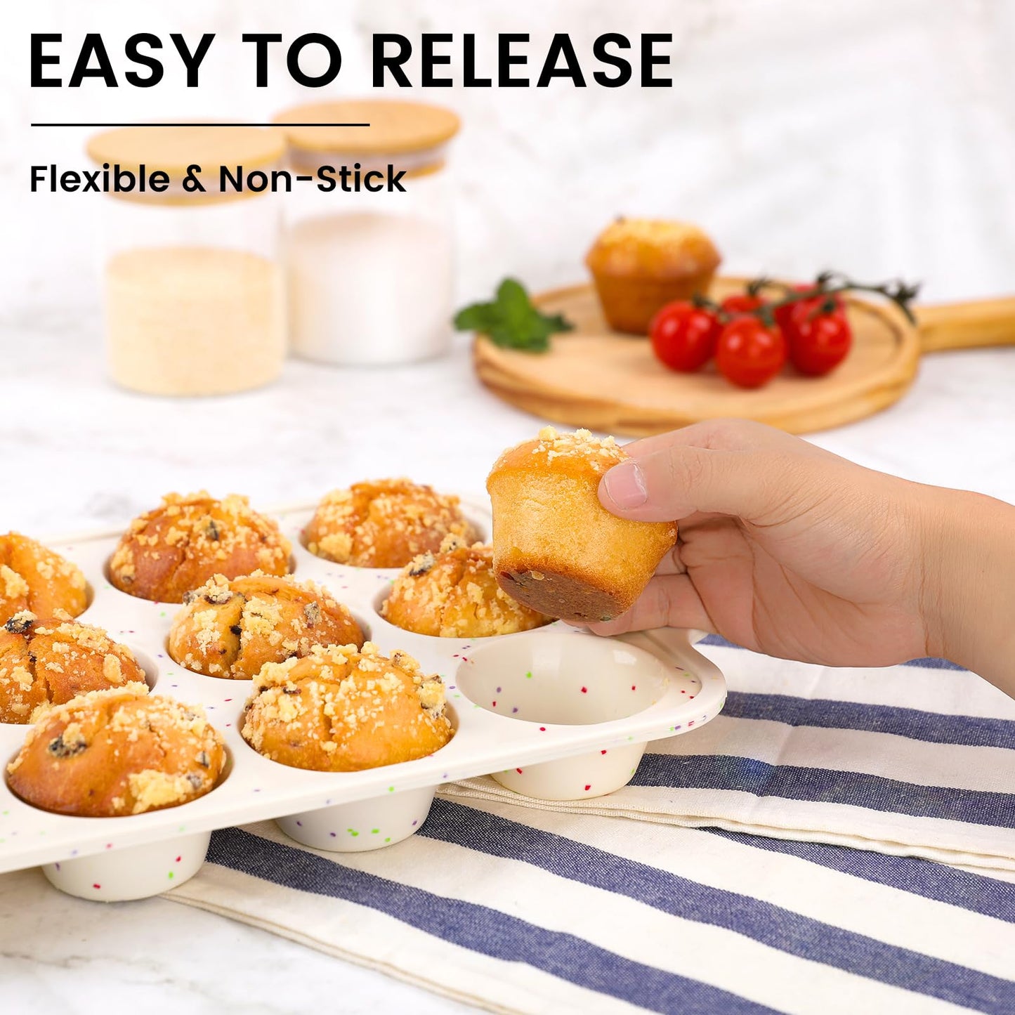 Vinino 2Pack Silicone Muffin Pan for Baking with Metal Reinforced Frame, Regular 12 Cup and Mini 24 Cup Nonstick Cupcake Pan Set, BPA Free Silicone Muffin Tray Molds for Oven Dishwasher Safe