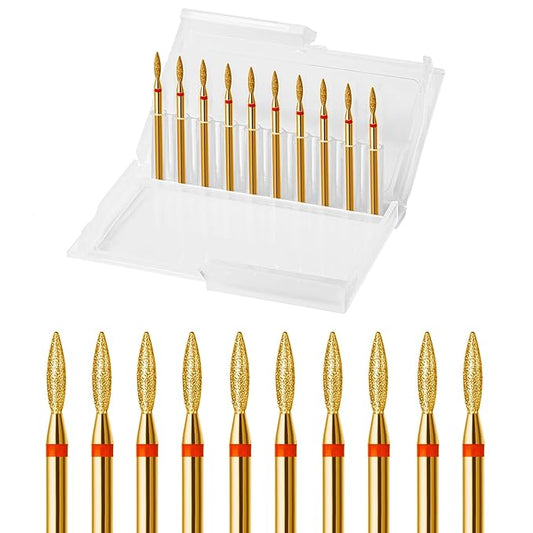 10pcs Diamond Flame Titanium Cuticle Drill Bits Set, Professional Cuticle Nail Drill Bits for Dead Skin 3/32'' Nails Dry Manicure Pedicure Shape Remove Nail Salon Tools(Gold, Fine-F)