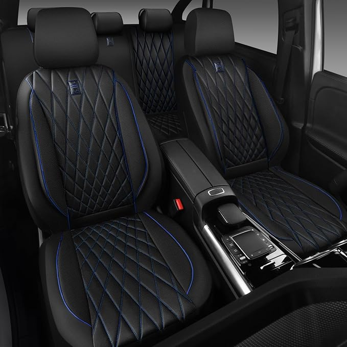 CAR PASS Piping Luxury Leather Seat Covers Full Set,5 Seats Anti-Slip Waterproof Seat Covers Compatible with Front Armrests,Universal Fit for Sendan SUV Van Truck,Airbag Compatible,Black and Blue