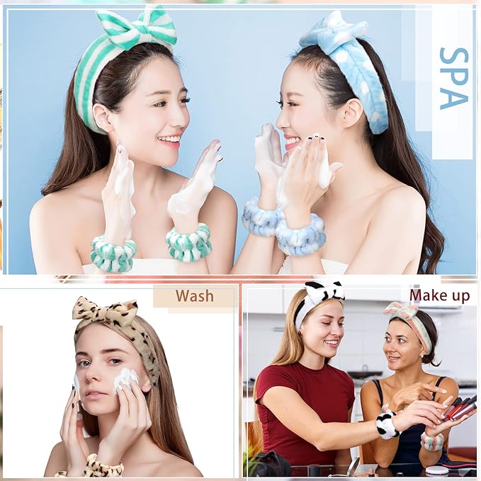Janmini 36 Pcs Spa Headband and Wristbands Set for Washing Face Facial Spa Hair Wraps Makeup Skincare Bath Winter Gifts 12 Pcs Flannel Hairbands 24 Wristbands for Women Girls(Dot Stripe Leopard)