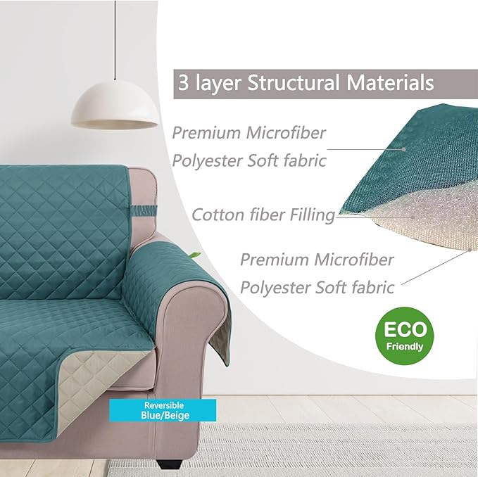 U-NICE HOME Loveseat Sofa Cover Reversible Couch Cover for Dogs with Elastic Straps Water Resistant Furniture Protector for Pets Couch Cover for 2 Cushion Couch (Loveseat, Blue/Beige)