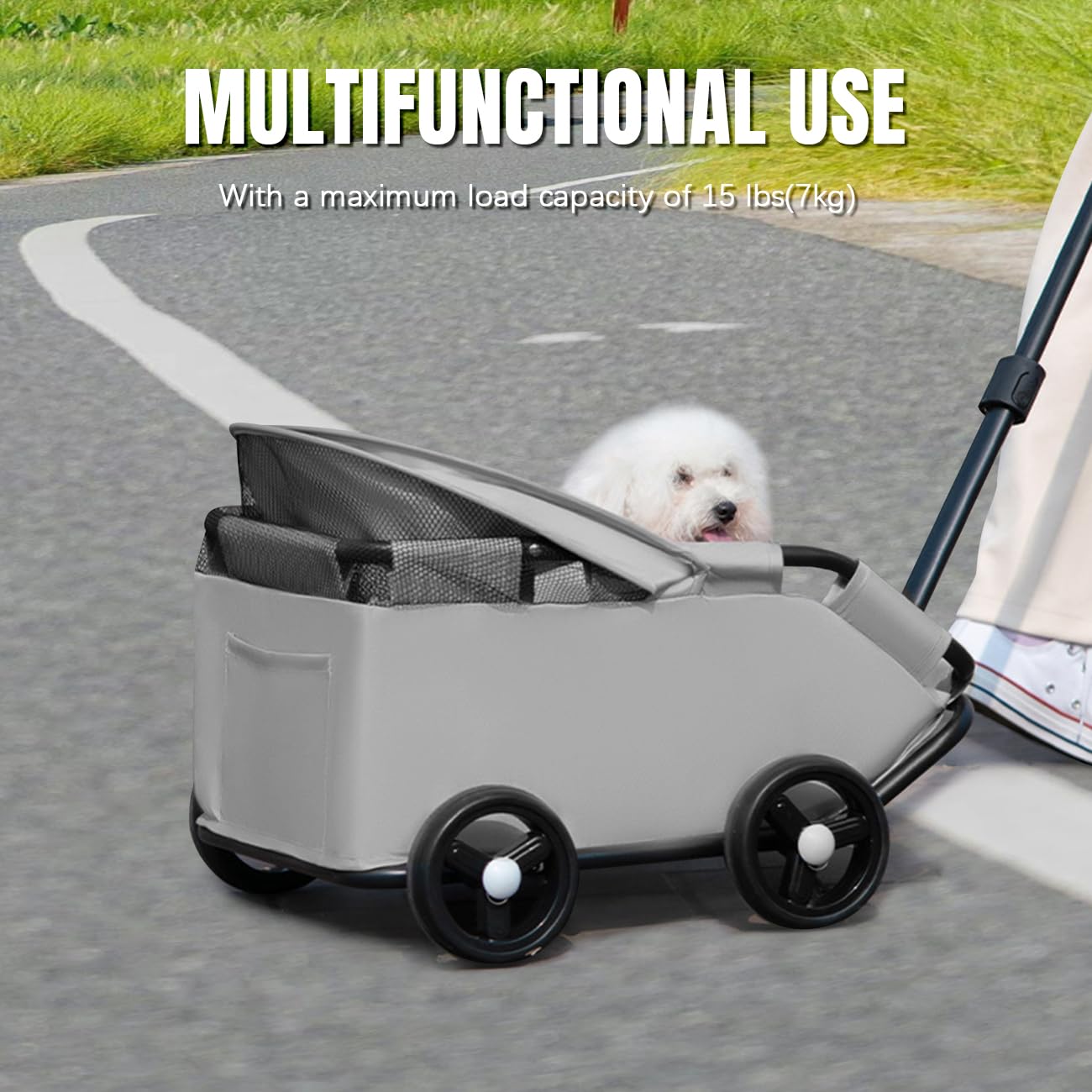 La La Pet 4-Wheel Dog Stroller with Sunshade Cover Collapsible Mesh Canopy Portable Pet Carrier for Outdoor Travel Shopping Walking Suitable for Small Dogs and Cats Gray