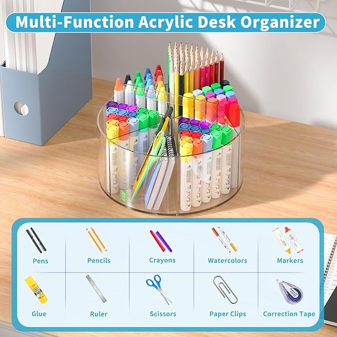 Rotating Markers Organizer for Kids, Acrylic Lazy Susan Organizers for Desks, 360 Degree Spinning Pencil Holders Pen Holders, Clear Arts and Crafts Organizer Storage, Art Supply Storage 6 Compartments