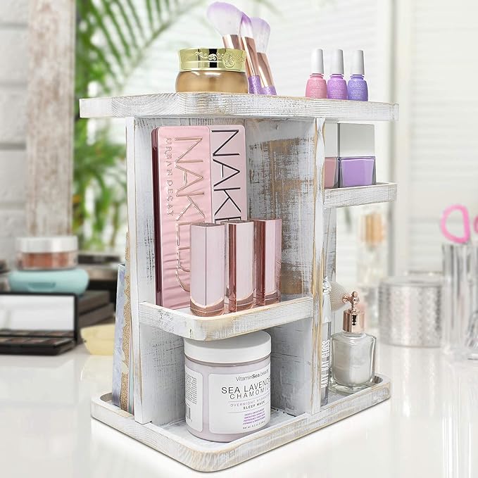 Sorbus 360ÃÂ° Makeup Organizer - Grey Rustic Wood Storage Carousel for Cosmetics, Make Up, Skin Care Organizer - Rotating Makeup Organizer for Vanity, Bathroom Storage, Bedroom, Kitchen, Desk, Dorm