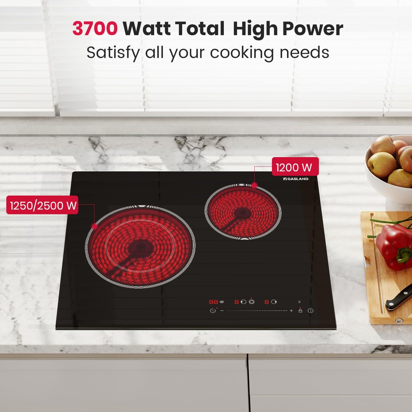 GASLAND 21 Inch Electric Cooktop for Apartment, ETL Certificated 2 Burners, 3700W Built-in Radiant Stove Top With 16 Power Levels, 240V Ceramic Stovetop, Slide Touch Control