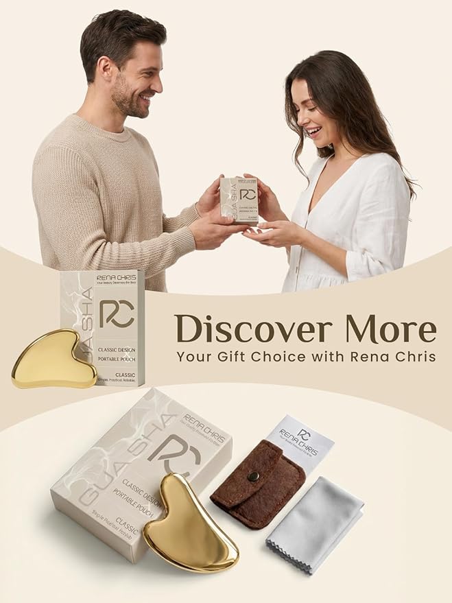 Rena Chris Gua Sha Facial Tools, Stainless Steel Guasha Tool for Acupuncture, Manual Massage Tool for Jawline Sculpting and Puffiness Reducing, Gua Sha Facial Massage Tool, Skin-Care Gift (Golden)