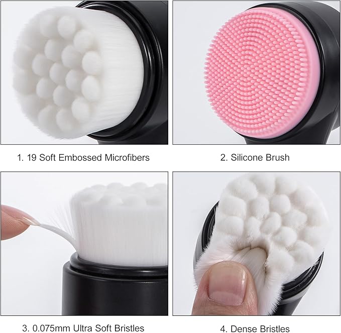 Facial Cleansing Brush 2 in 1, Silicone Face Scrubber Dual Face Brush for Deep Pore Cleansing and Exfoliating, Skincare Headband and Wristbands Set for Washing Face, Massaging Spa Makeup,Black