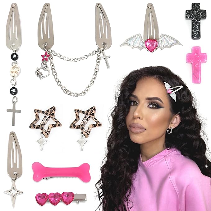10PCS Y2K Hair Clips Hot Pink Cute Hair Snap Clips Punk Cross Alligator Clip Kawaii Leopard Star Accessories for Women Girls