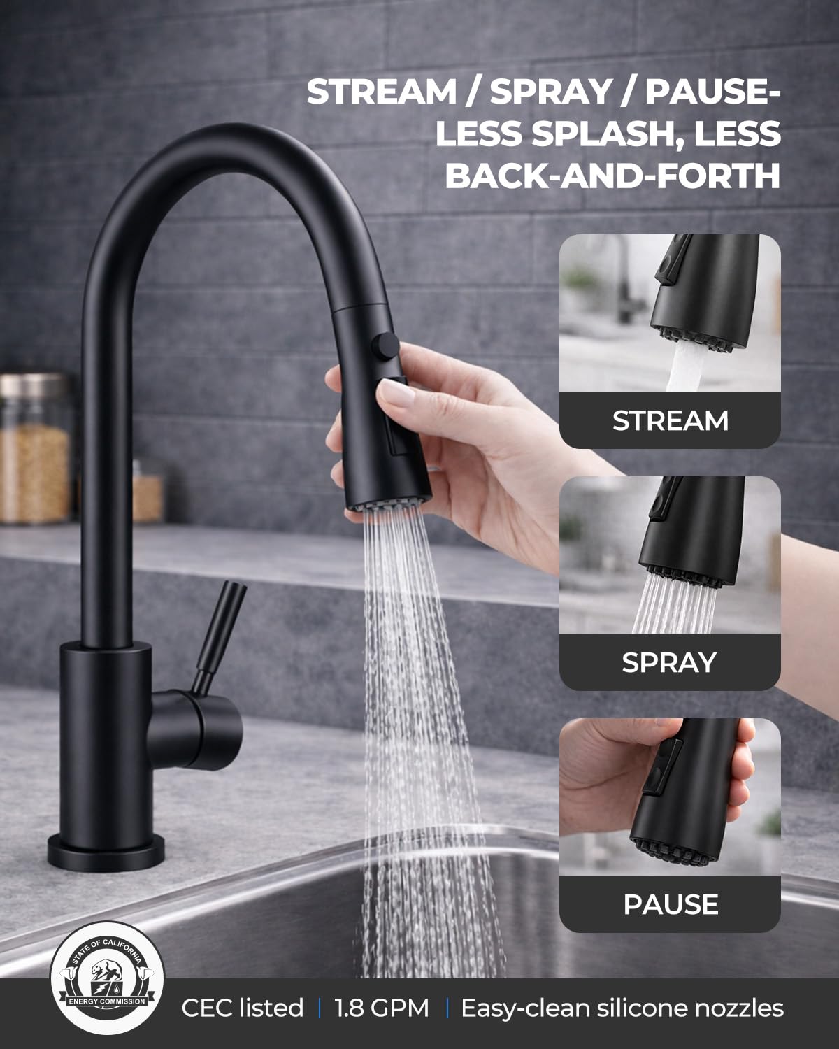 WEWE Kitchen Faucets with Pull Down Sprayer, Stainless Steel Single Handle 1 Hole for Family Kitchen Commercial Camper Laundry Rv Bar, Matte Black