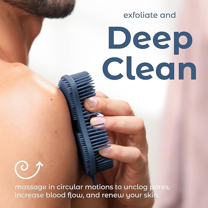 MainBasics Silicone Body Scrubber Dual-Sided Shower Loofah and Exfoliator (Dark Blue, Exfoliate)