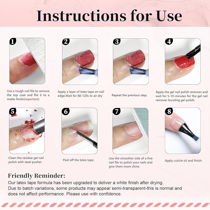 JODSONE Gel Nail Polish Remover Kit 2Pcs Gel Remover 1Pc Latex Tape Liquid Professional Soak Off Gel Nail Removal Set for Nail Art Manicure Pedicure at Home Includes Sanding Strips and Steel Pushers