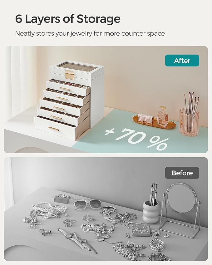 SONGMICS GISELLA Collection - Jewelry Box Organizer, 6-Layer Jewelry Storage with 5 Drawers, Shiny Metal Hardware, Glass Lid, Modern, 6.4 x 9.9 x 11.4 Inches, Cloud White and Gold Color UJBC171W01