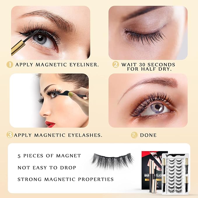 Magnetic Eyelashes, Magnetic Eyelashes Natural Look, 10 Pairs Reusable Eye Lashes 4 Tubes of Eyeliner with Tweezer