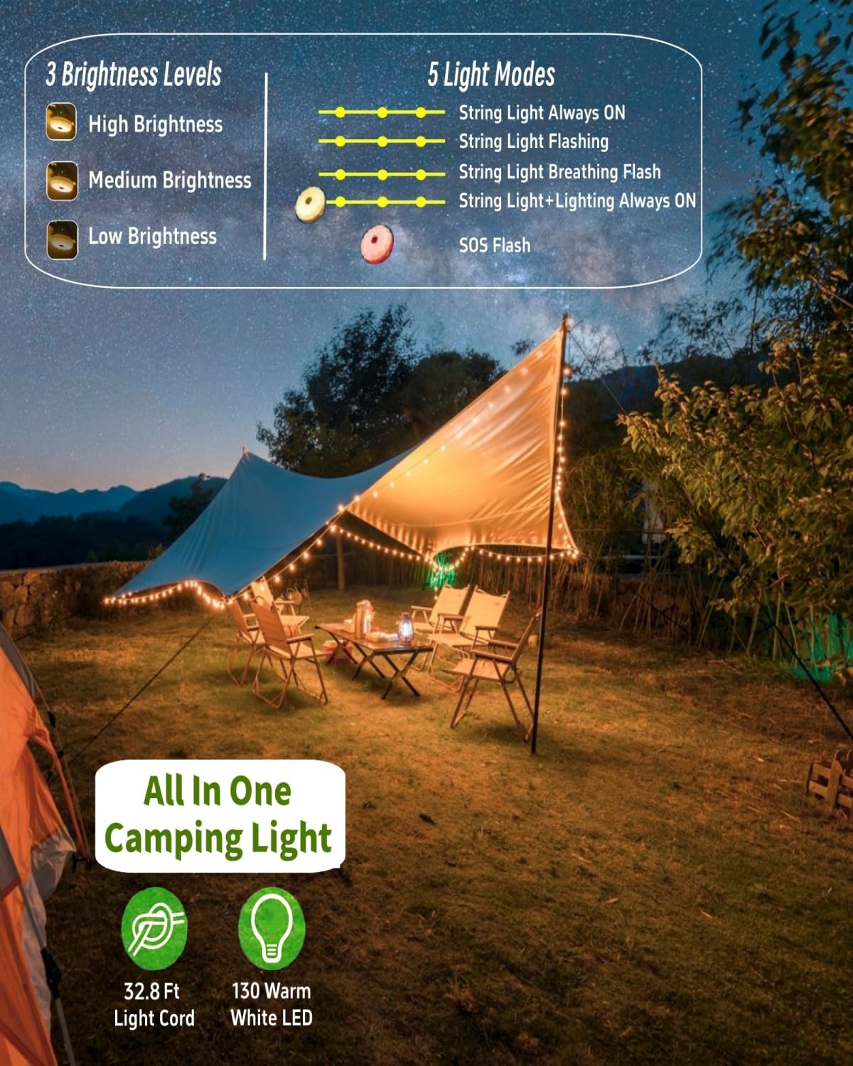 Solar Camping String Lights, 4 in 1 Fairy String Lights, Portable Waterproof Camp Lamp with 8 Lighting Modes, Hanging Rechargeable Tent Lantern for Christmas Decorations Patio Party Essentials-32.8 FT