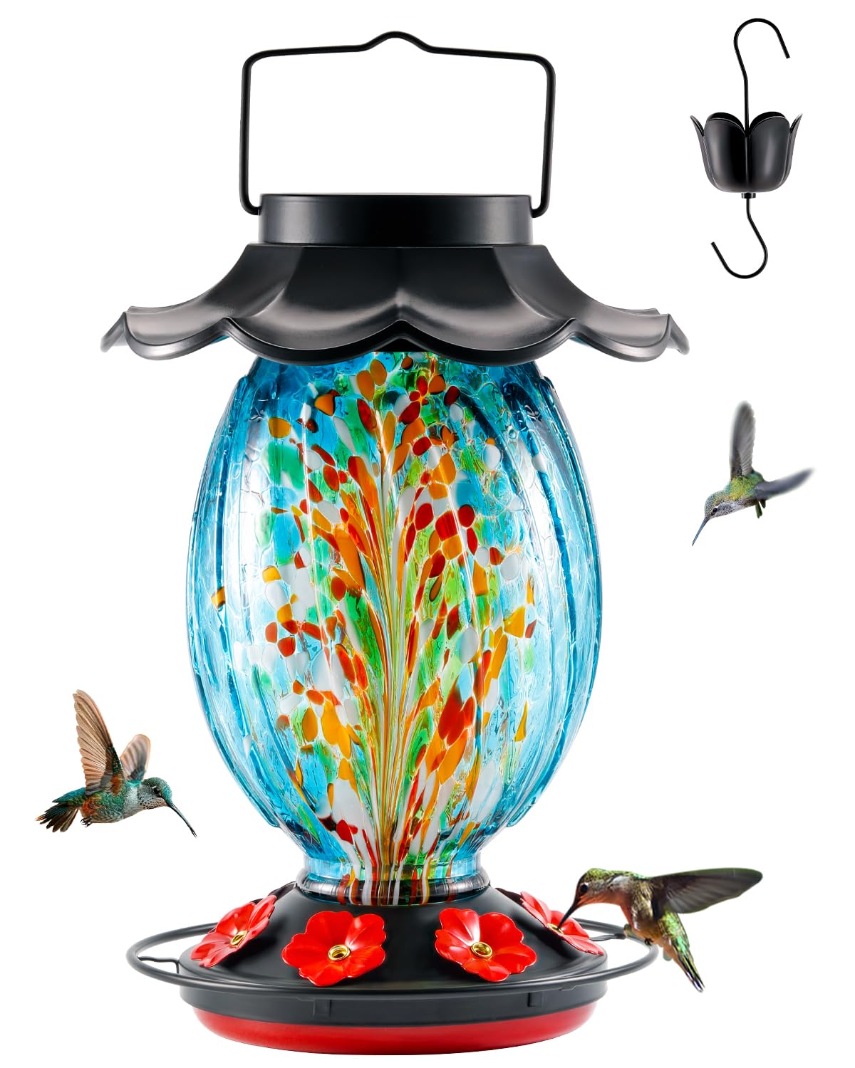 HouseSapp Solar Hummingbird Feeder - 49 fl.oz Hand Blown Glass Color Changing - 7 Feeding Ports with Perch - Never Leak - Perfect Hummingbird Feeder for Outdoors Hanging (Blue)