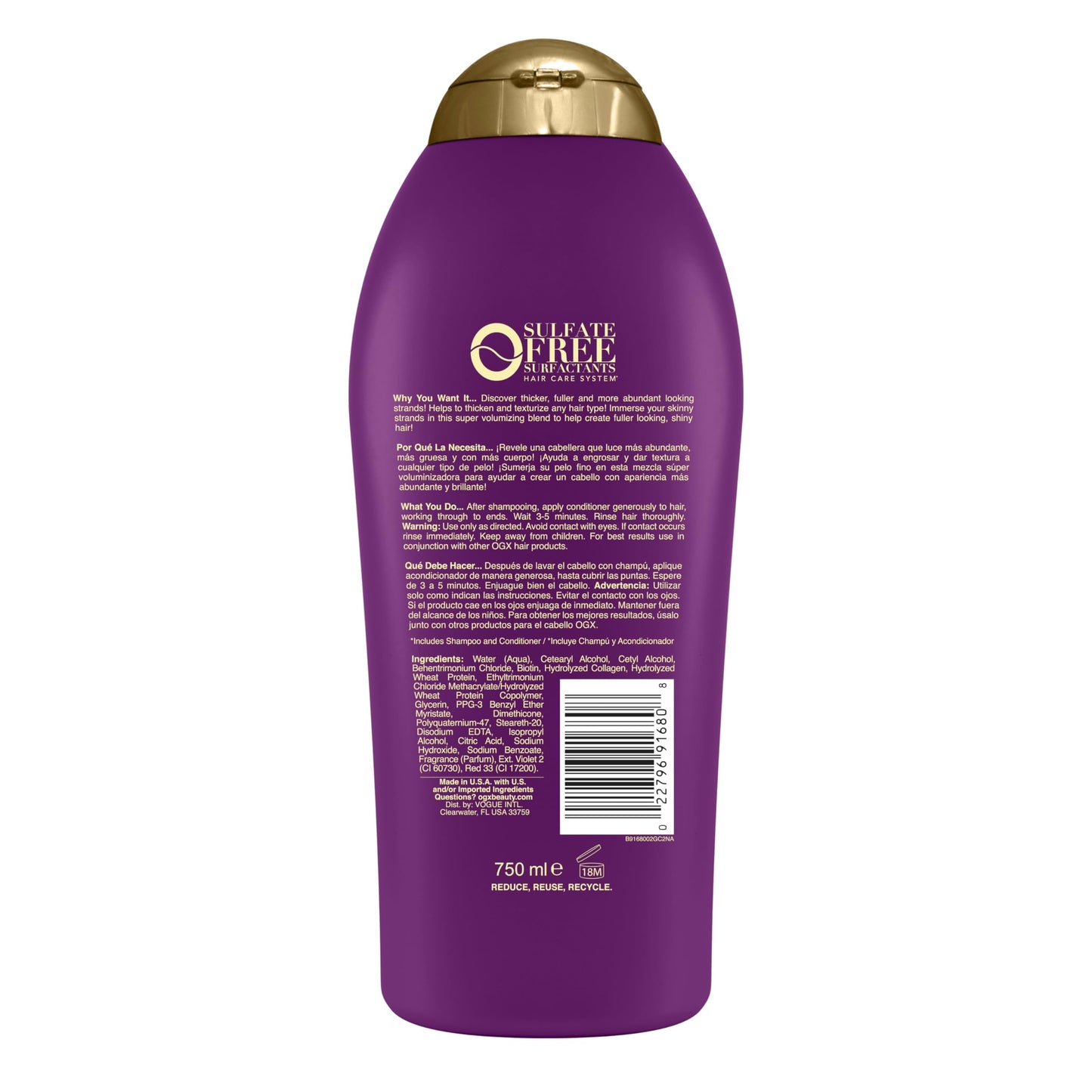 OGX Thick & Full + Biotin & Collagen Volumizing Conditioner, Nutrient-Infused Conditioner + Vitamin B7 Biotin Gives Hair Volume & Body for 72+ Hours, Sulfate-Free Surfactants, 25.4 fl. oz (Pack of 2)