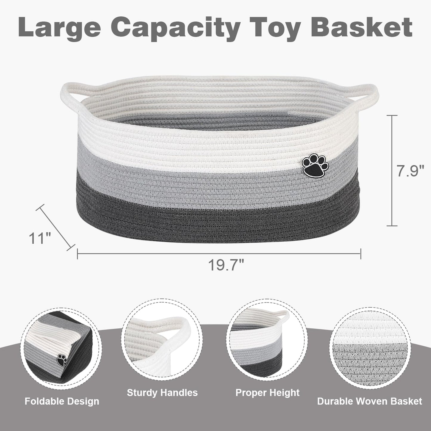 Optish Dog Toy Basket, Toy Box and Bin for Dog Cat Storage, 19.7" X 11" X 7.9" (30L) Large Woven Basket for Blanket Storage, Rope Baskets for Living Room, Bedroom, White & Grey